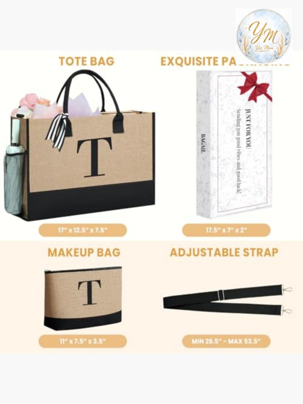 Monogrammed Initial Tote Bag with Matching Cosmetic Case, Top Zipper, Inner - Picture 3 of 7